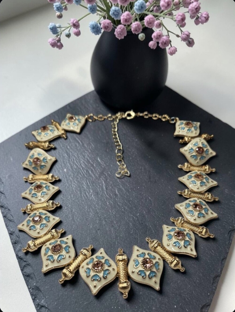 Romantic Gold Plated Byzantine Shield Enamel Crystal Panel Necklace